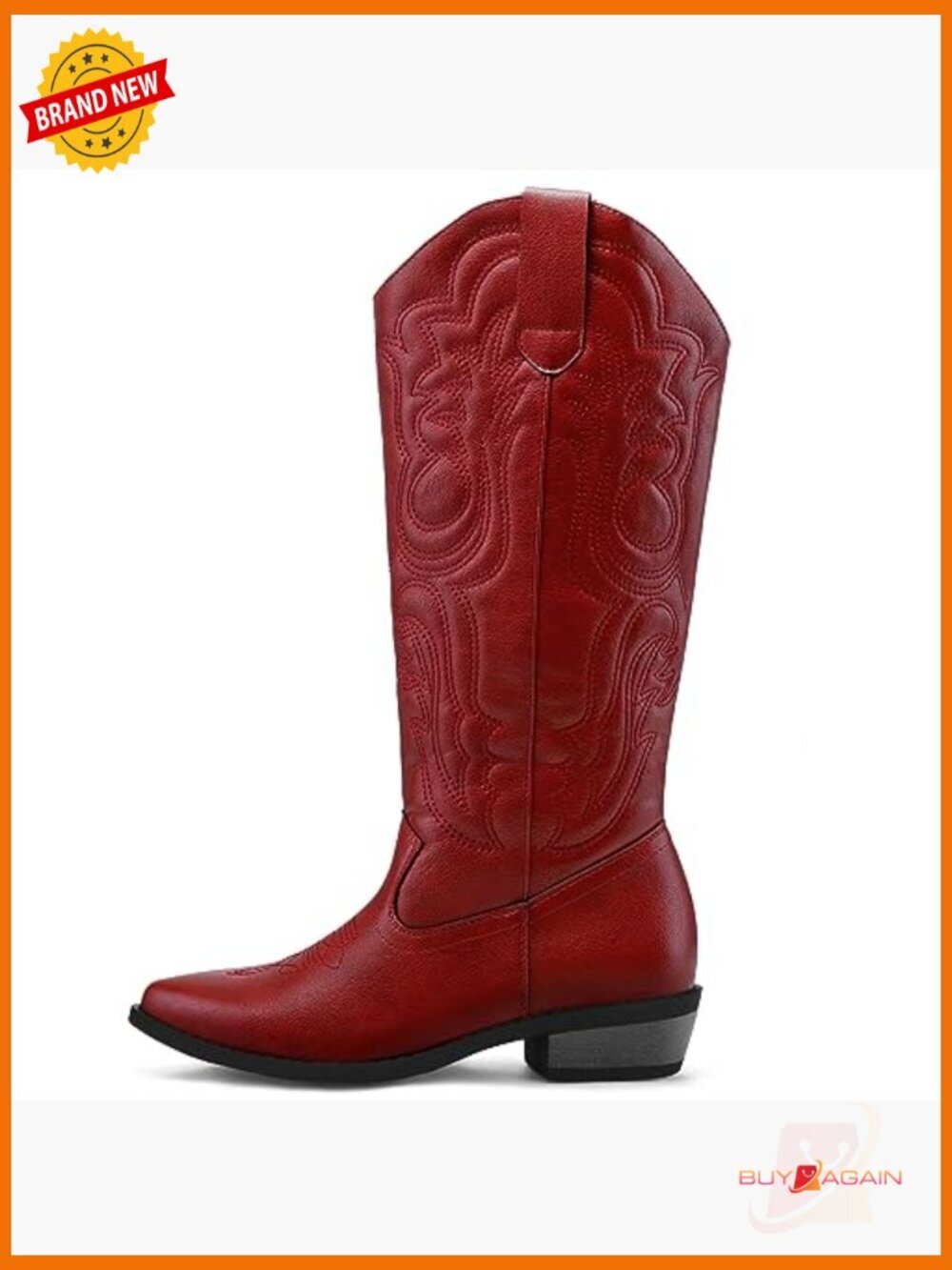 Women's Embroidered Cowboy Boots Mid Calf Chunky Heel Pull On Cowgirl Boots - Picture 6 of 7